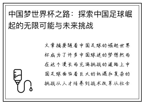 中国梦世界杯之路：探索中国足球崛起的无限可能与未来挑战
